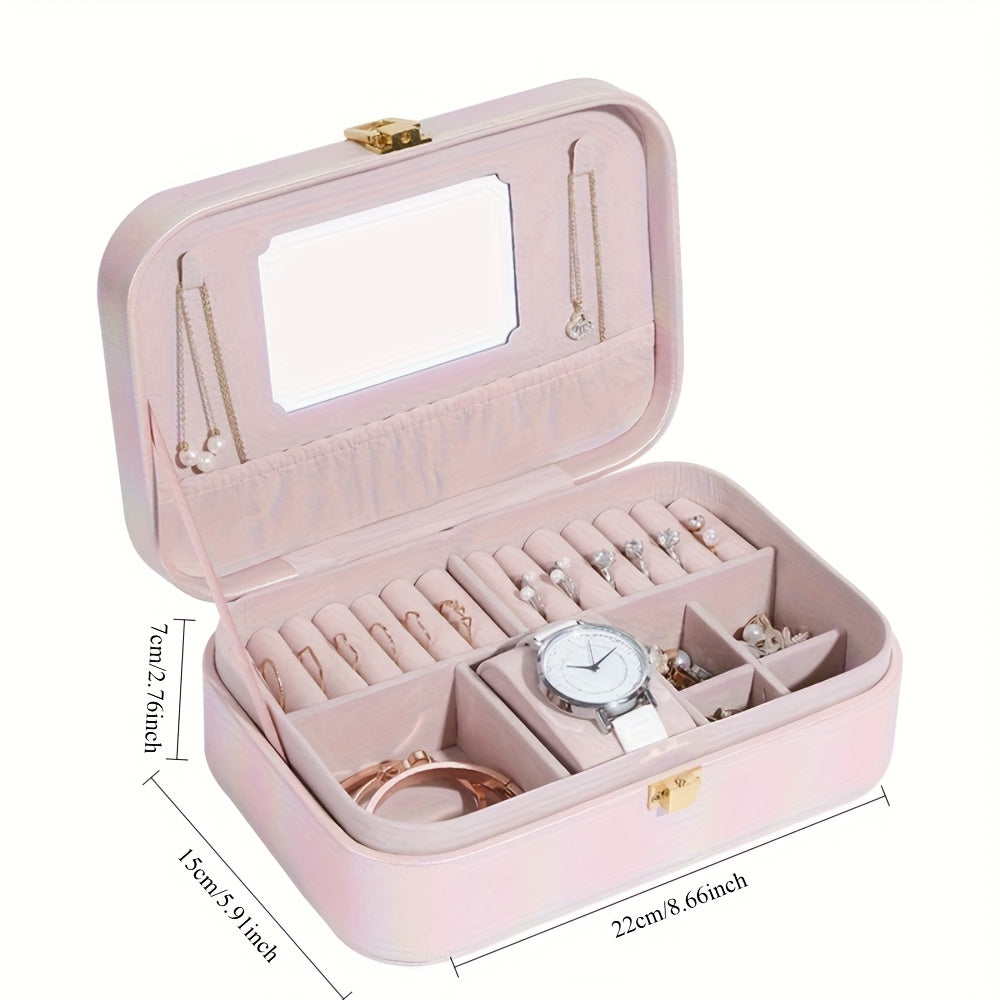 1pc Holographic Portable Jewelry Organizer Box with Mirror, Multiple Compartments & Soft Faux Leather Lining - Faux Leather Iridescent Finish, Secure Snap Closure for Earrings, Necklaces, Rings, Watches - Travel-Friendly Storage Case, Accessory