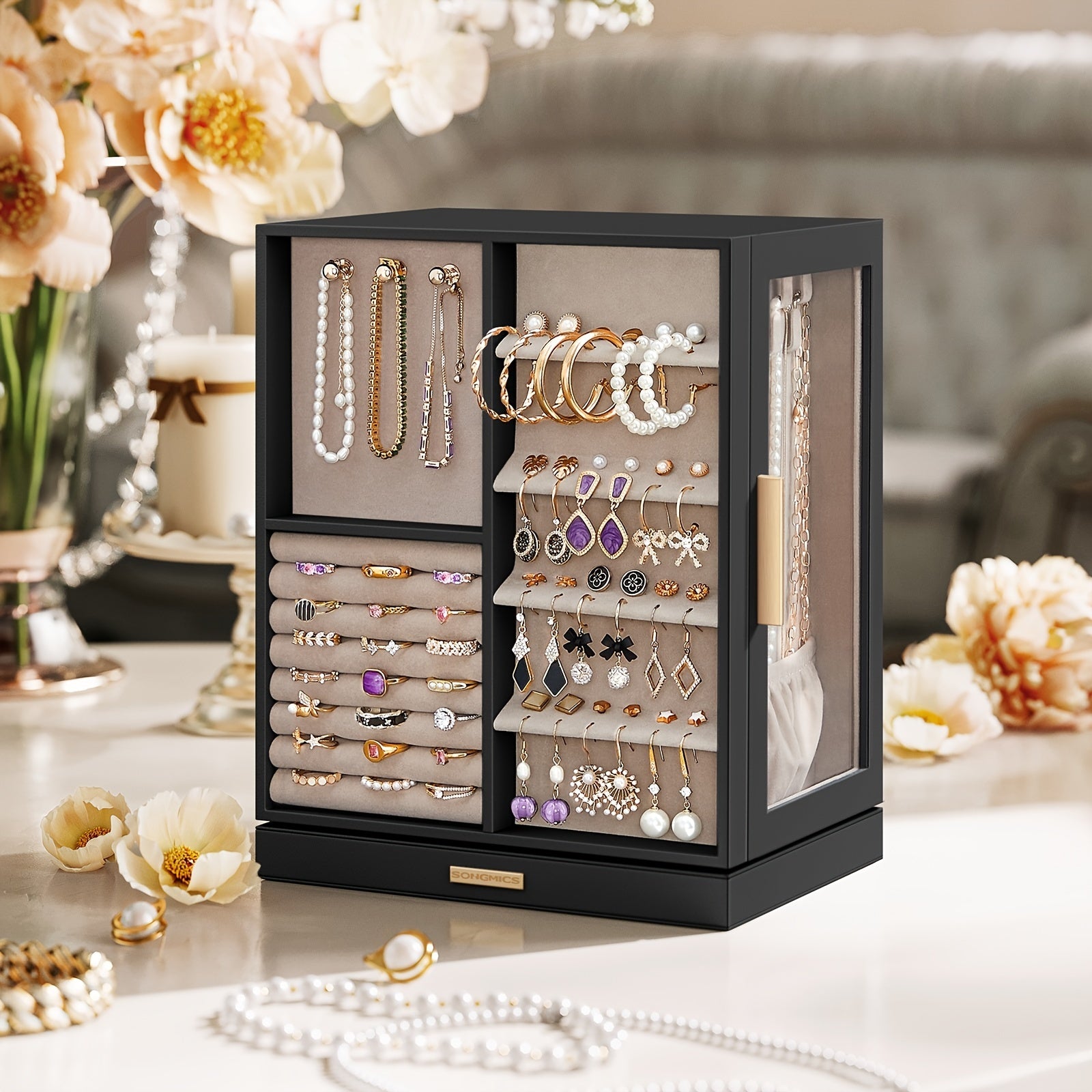 SONGMICSHOME Jewelry Box 360° Rotating, Jewelry Storage Case With 5 Drawers, Jewelry Organizer, Glass Window, Spacious, Vertical Jewelry Storage, Open Design, Glasses, Earrings, Rings, Necklaces, Big Jewelry, Gifts For Men, Women, Friends