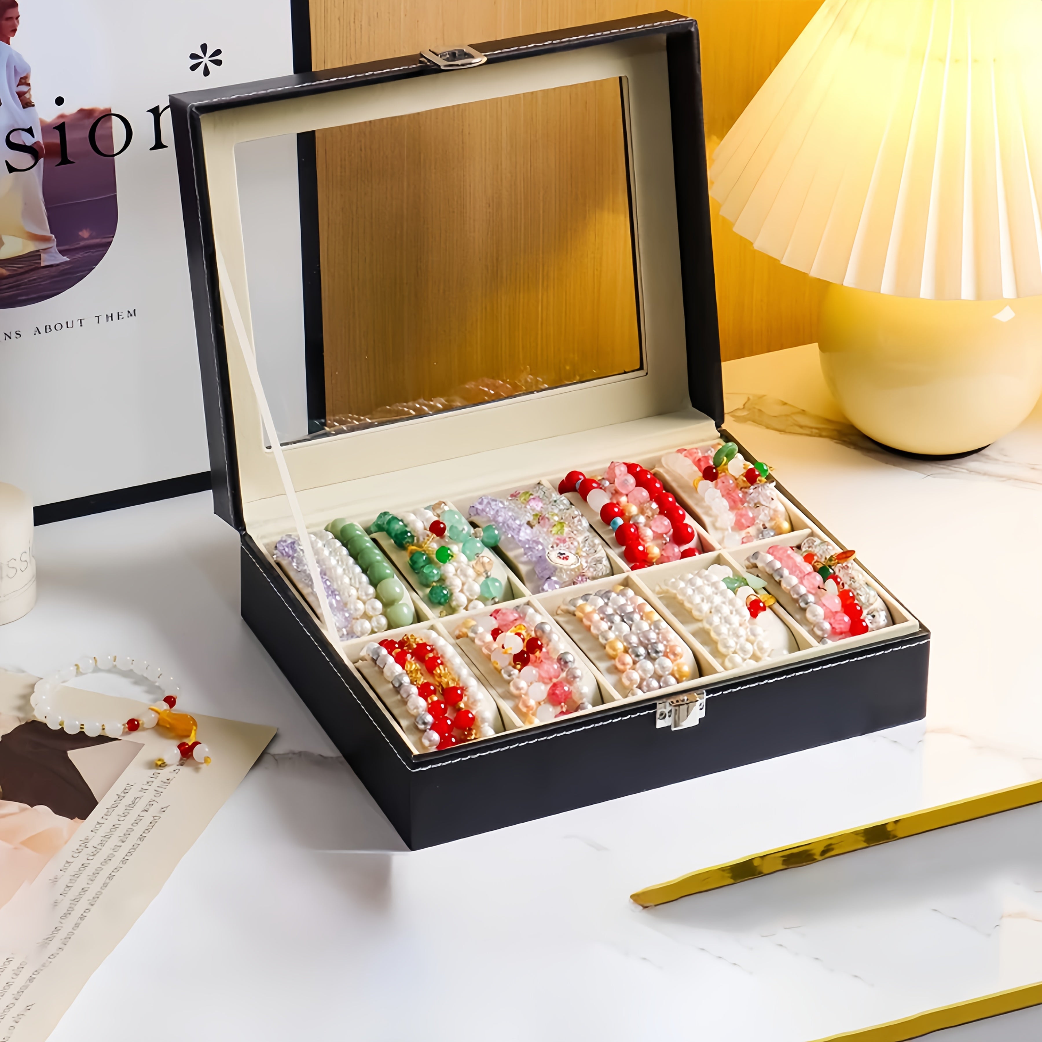1pc black PU Leather jewelry bracelet storage box, 6 compartments with 10 compartments to choose from, bead jewelry storage box, watch storage box, built-in non deformable bracelet pillow, jewelry display cabinet, bead collection box