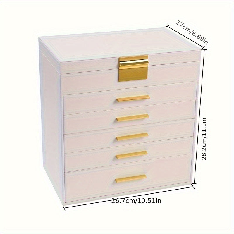 [6-Layer Jewelry Box] 6-Layer Faux Leather Jewelry Organizer Box | Large Capacity Multi-Drawer Storage for Necklaces, Earrings, Watches, Glasses | Soft Fabric-Lined Compartments & Golden Handles, Elegant White Design