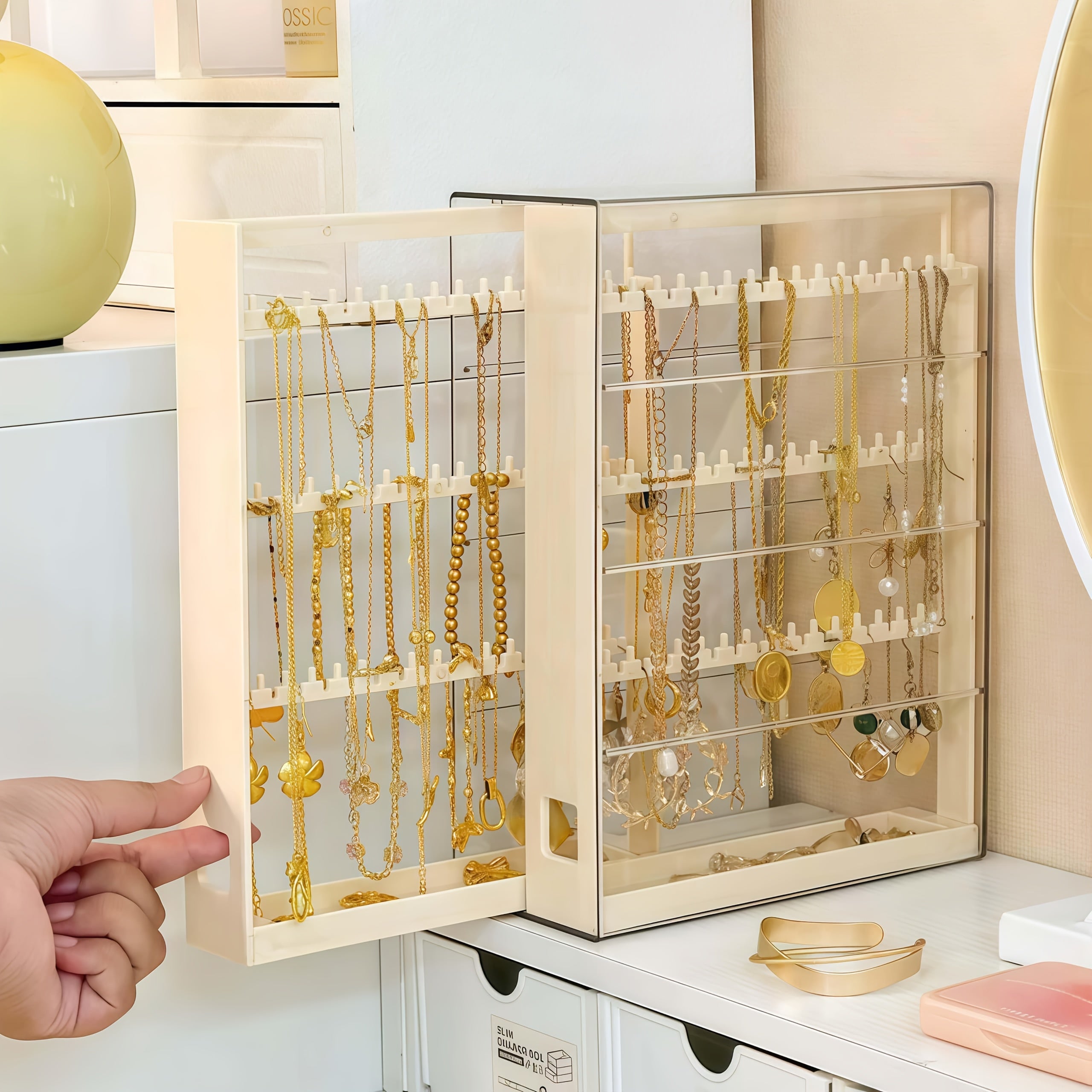 1pc Jewelry Storage Box with Pull-Out Display Shelves & Keychain Hooks - Durable Plastic Organizer for Bracelets, Necklaces, Earrings - Bedroom, Bathroom, Holiday Gifts, Back-to-School Supplies