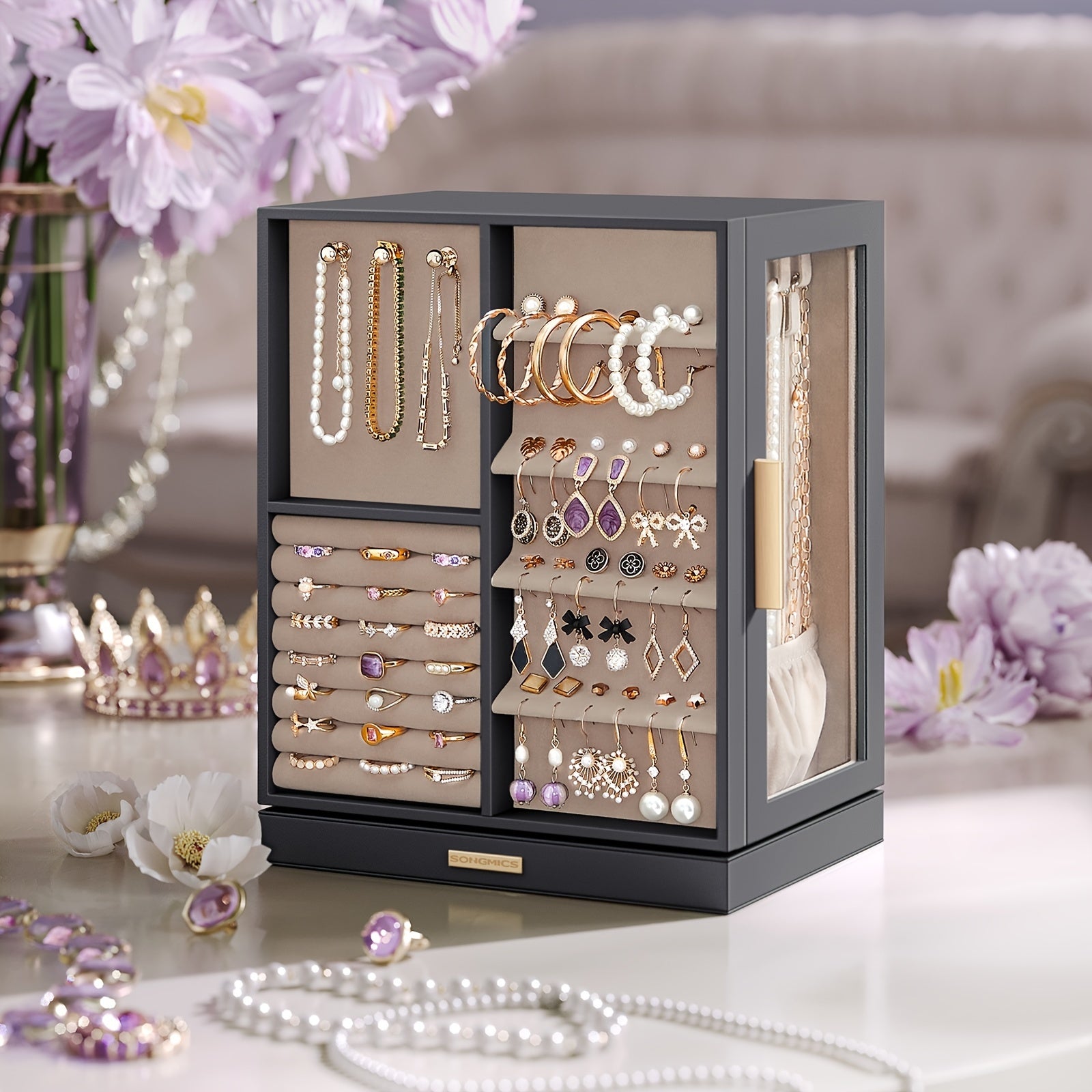 SONGMICSHOME Jewelry Box 360° Rotating, Jewelry Storage Case With 5 Drawers, Jewelry Organizer, Glass Window, Spacious, Vertical Jewelry Storage, Open Design, Glasses, Earrings, Rings, Necklaces, Big Jewelry, Gifts For Men, Women, Friends