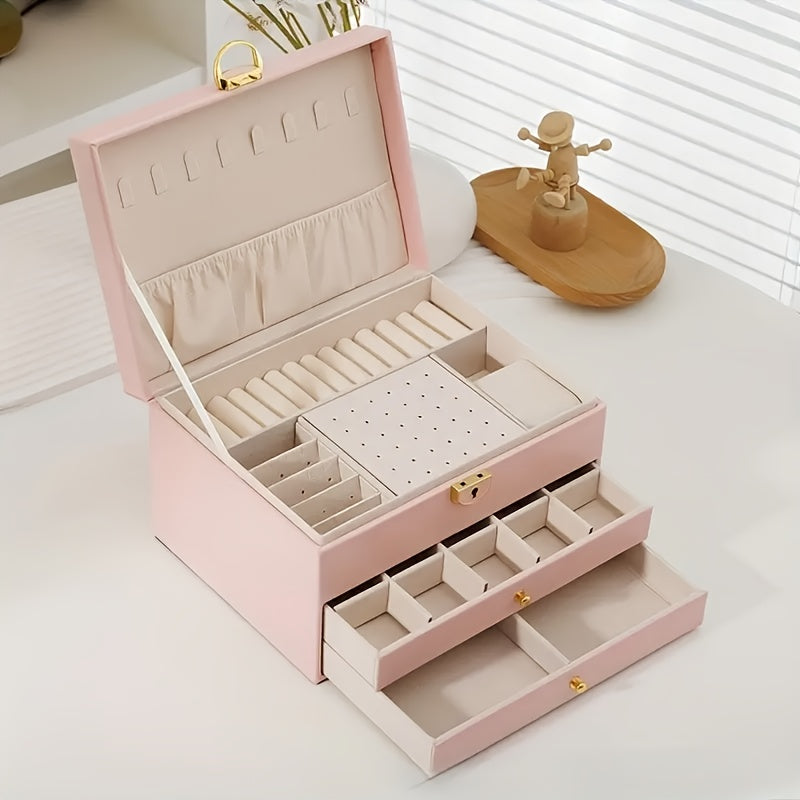 3-Tier Jewelry Box Organizer with Key Lock - Elegant Green & White, Soft-Lined Compartments, Secure Locking Lid - for Earrings, Rings, Necklaces, Bracelets - Perfect Gift for Women, Home or Salon Decor - Durable Synthetic Faux Leather Construction, Large