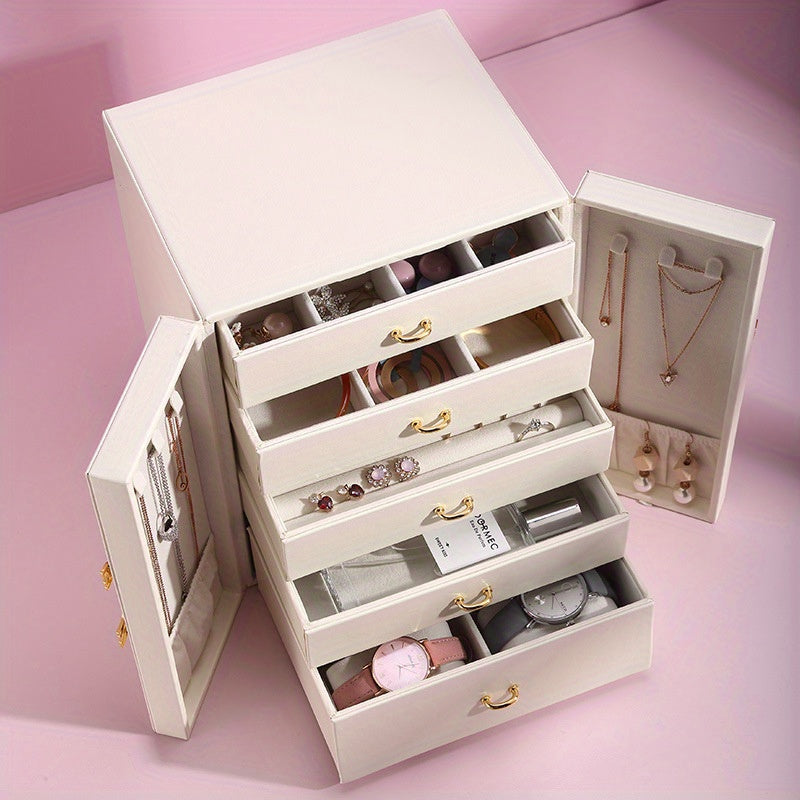 Suitable for Spring, Summer, Autumn and Winter Four Seasons 2025 Upgraded New Five-Layer Double-Opening Large Jewelry Box, Desktop Jewelry Classification Organizer Storage Box with Large Capacity Necklace Storage Box