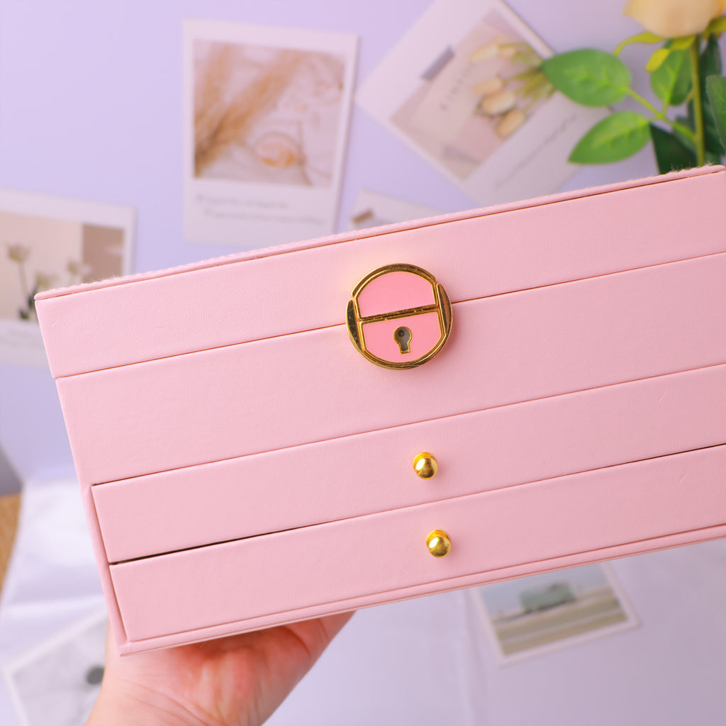 Elegant Vintage-Style Jewelry Box with Lock - 3-Layer Faux Leather, Golden-Tone Hardware, Pink & White Design, Perfect for Necklaces, Bracelets, and Earrings - Ideal for Home Decor and Fashion Enthusiasts, Jewelry Gift Box, Jewelry Boxes