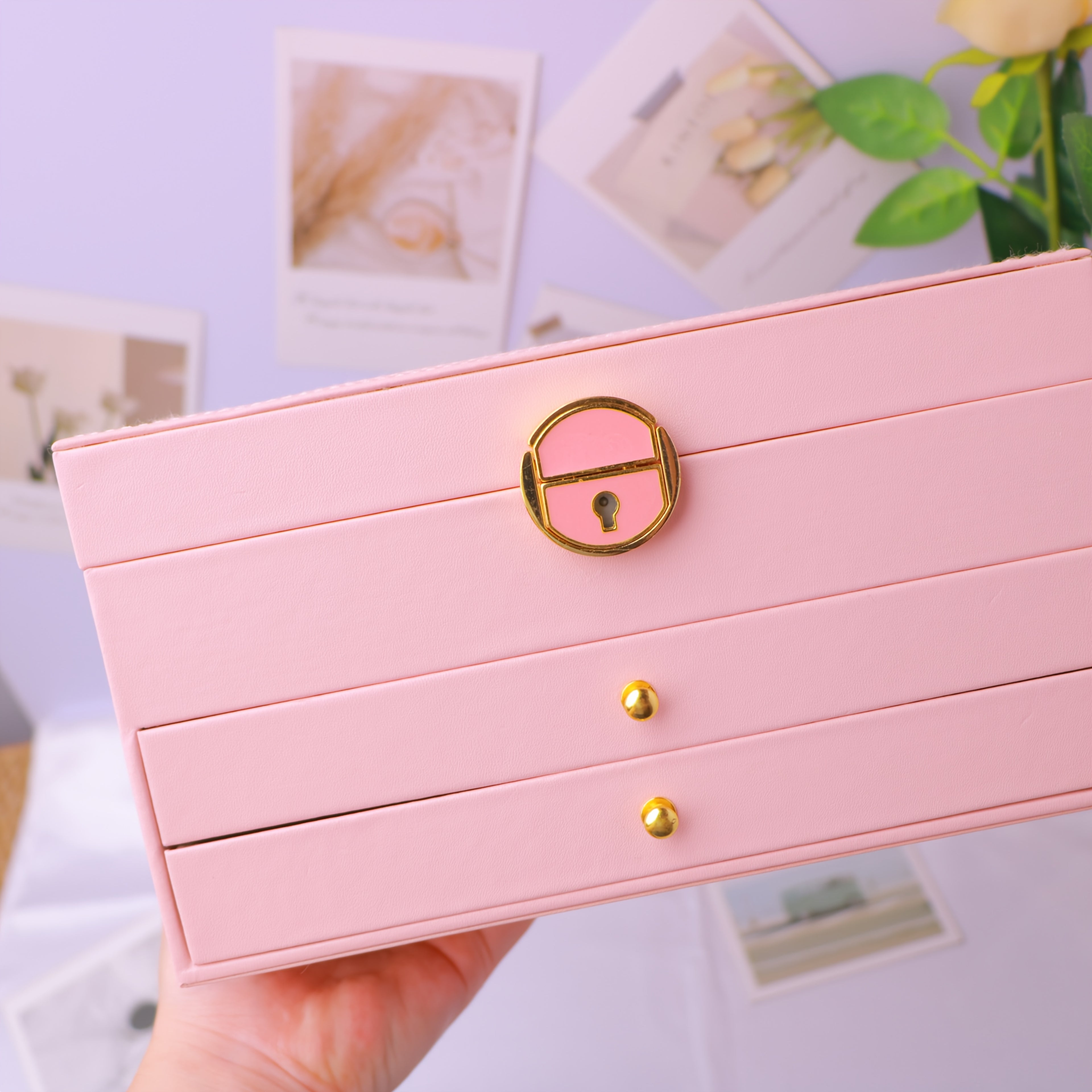 Elegant Vintage-Style Jewelry Box with Lock - 3-Layer Faux Leather, Golden-Tone Hardware, Pink & White Design, Perfect for Necklaces, Bracelets, and Earrings - Ideal for Home Decor and Fashion Enthusiasts, Jewelry Gift Box, Jewelry Boxes