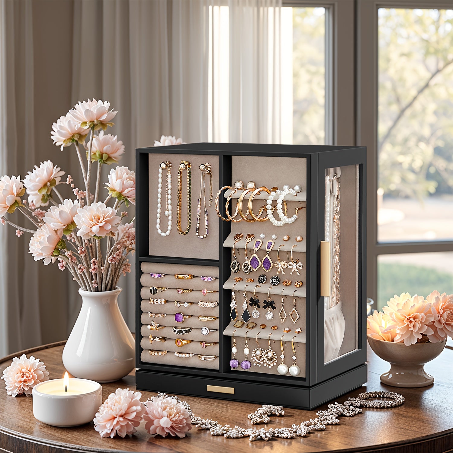 SONGMICSHOME Jewelry Box 360° Rotating, Jewelry Storage Case With 5 Drawers, Jewelry Organizer, Glass Window, Spacious, Vertical Jewelry Storage, Open Design, Glasses, Earrings, Rings, Necklaces, Big Jewelry, Gifts For Men, Women, Friends