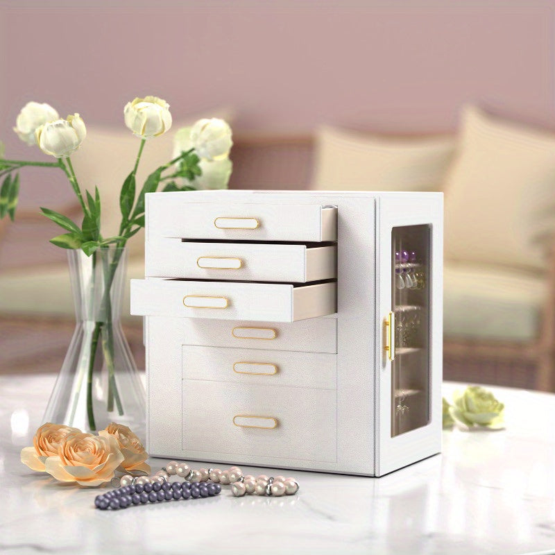 Boho Chic 6-Tier Multifunctional Faux Leather Jewelry Box with Clear Drawers & Open Shelves - Large Capacity Organizer for Earrings, Necklaces, Bracelets, Watches - Elegant Gift for Women & Girls (Christmas, Valentine'S Day, Birthdays, Graduation)