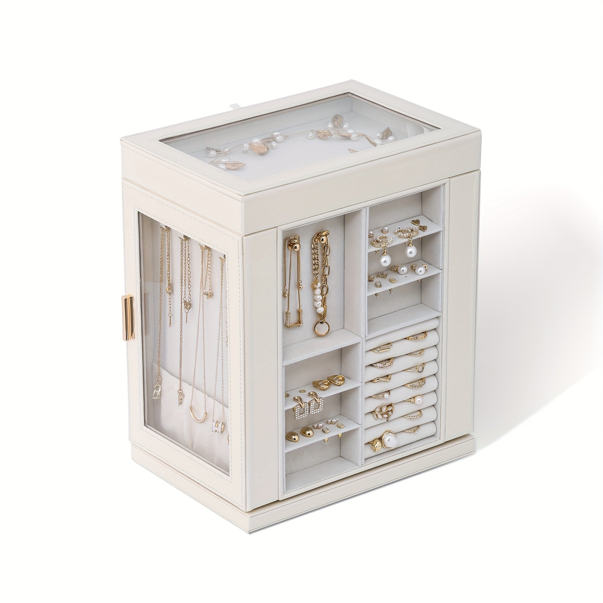 [1pc CASEGRACE Jewelry Box] 1pc CASEGRACE 360° Rotating Jewelry Organizer Box | 5-Drawer Large Capacity Faux Leather Storage with Transparent Double Doors, Modern Elegant Design for Necklaces, Rings, Earrings, Watches | Perfect Gift for Women (Valentine's