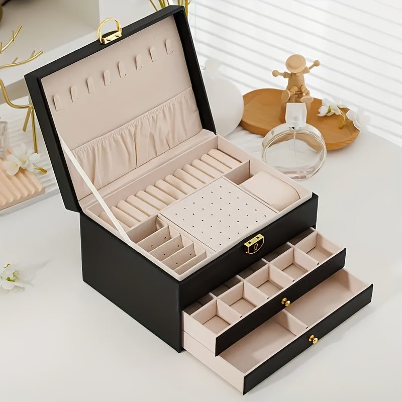 3-Tier Jewelry Box Organizer with Key Lock - Elegant Green & White, Soft-Lined Compartments, Secure Locking Lid - for Earrings, Rings, Necklaces, Bracelets - Perfect Gift for Women, Home or Salon Decor - Durable Synthetic Faux Leather Construction, Large