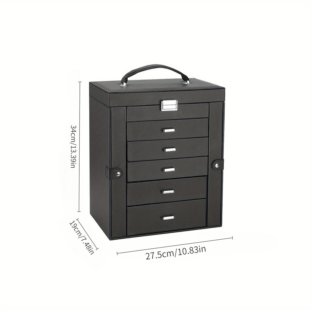6-Layer Black Faux Leather Jewelry Storage Box with Lock, 5 Removable Drawers & Mirror – Elegant Organizer for Bracelets, Watches, Rings, Necklaces & Earrings, Jewelry Box