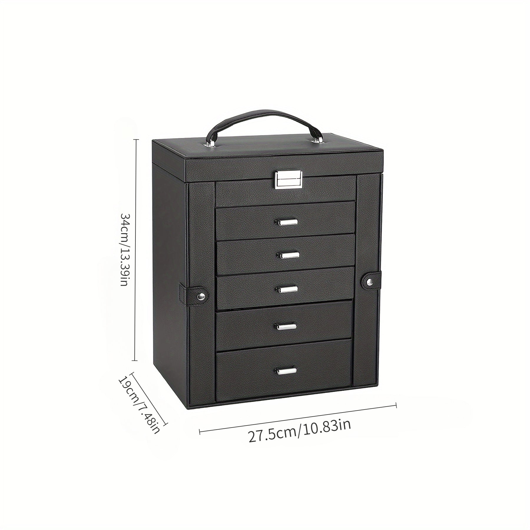 6-Layer Black Faux Leather Jewelry Storage Box with Lock, 5 Removable Drawers & Mirror – Elegant Organizer for Bracelets, Watches, Rings, Necklaces & Earrings, Jewelry Box