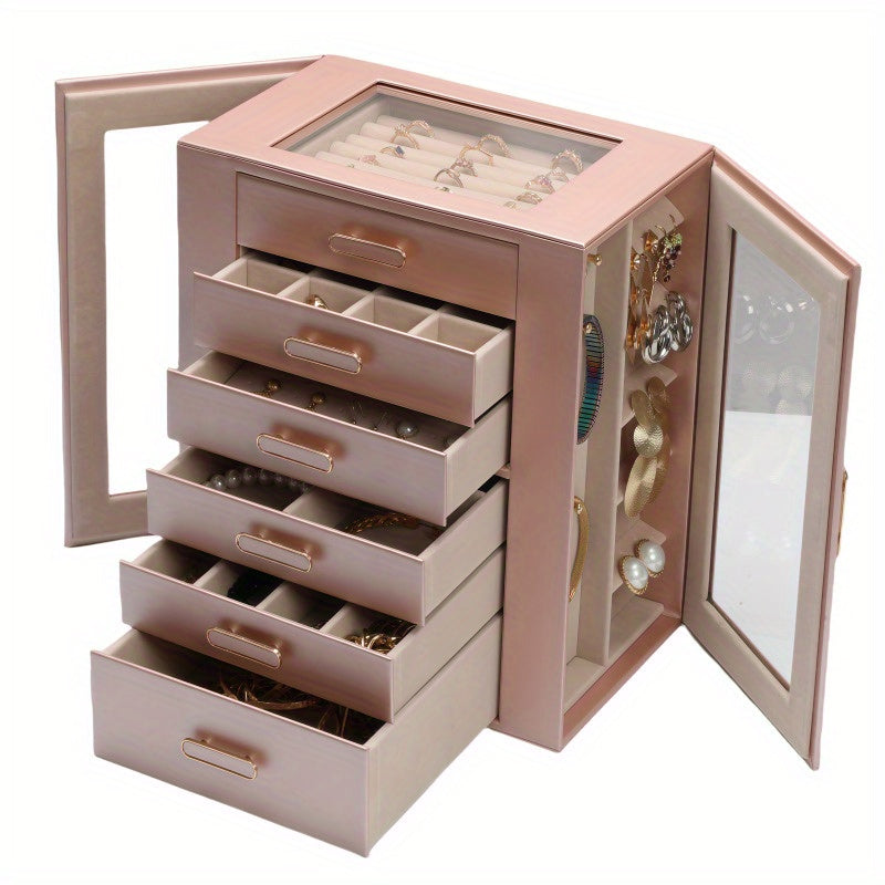 Boho Chic 6-Tier Multifunctional Faux Leather Jewelry Box with Clear Drawers & Open Shelves - Large Capacity Organizer for Earrings, Necklaces, Bracelets, Watches - Elegant Gift for Women & Girls (Christmas, Valentine'S Day, Birthdays, Graduation)