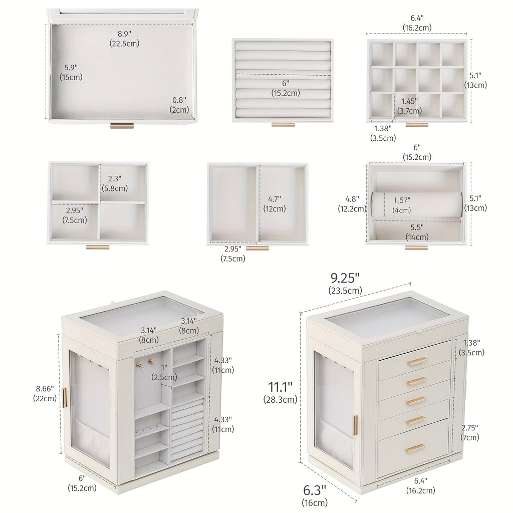 [1pc CASEGRACE Jewelry Box] 1pc CASEGRACE 360° Rotating Jewelry Organizer Box | 5-Drawer Large Capacity Faux Leather Storage with Transparent Double Doors, Modern Elegant Design for Necklaces, Rings, Earrings, Watches | Perfect Gift for Women (Valentine's