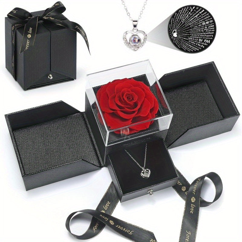 Handmade Bohemian-Style Acrylic Jewelry Gift Box with Immortal Red Rose - Double-Door Storage for Necklaces & Rings, Drawer Organizer, Black Fabric-Lined Interior & Ribbon Bow - Valentine's Day, Anniversary, Mother's Day Gift for Women, Moms, Girlfriends,
