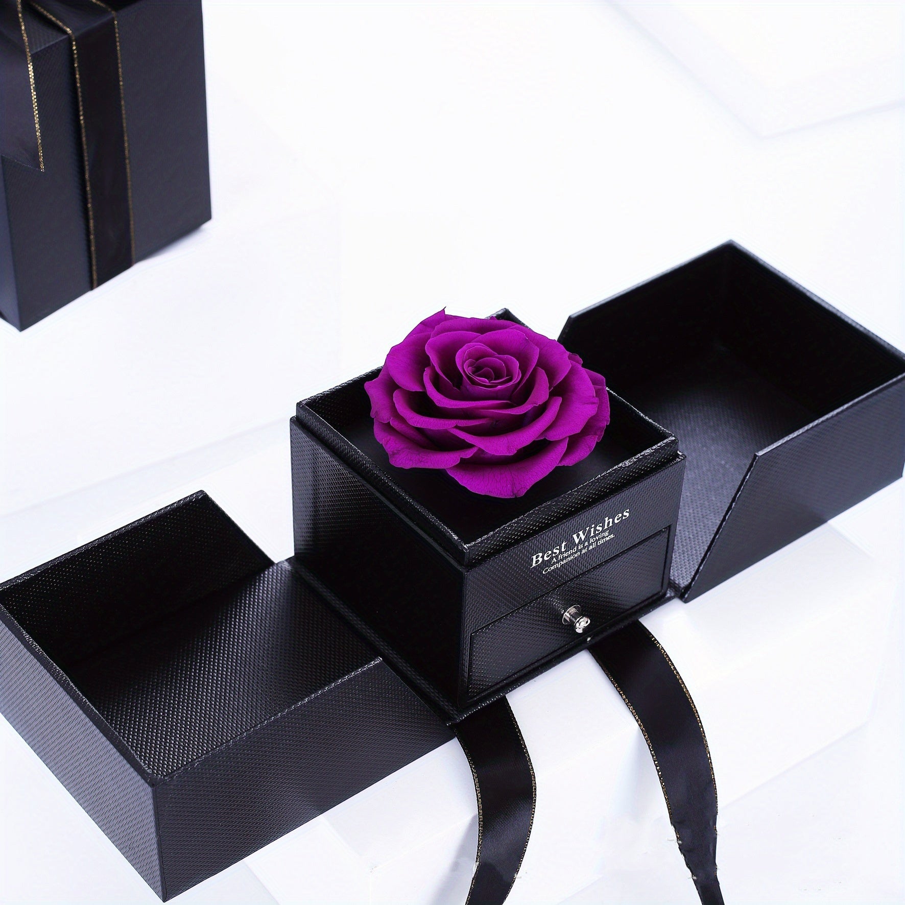 Handmade Bohemian-Style Acrylic Jewelry Gift Box with Immortal Red Rose - Double-Door Storage for Necklaces & Rings, Drawer Organizer, Black Fabric-Lined Interior & Ribbon Bow - Valentine's Day, Anniversary, Mother's Day Gift for Women, Moms, Girlfriends,