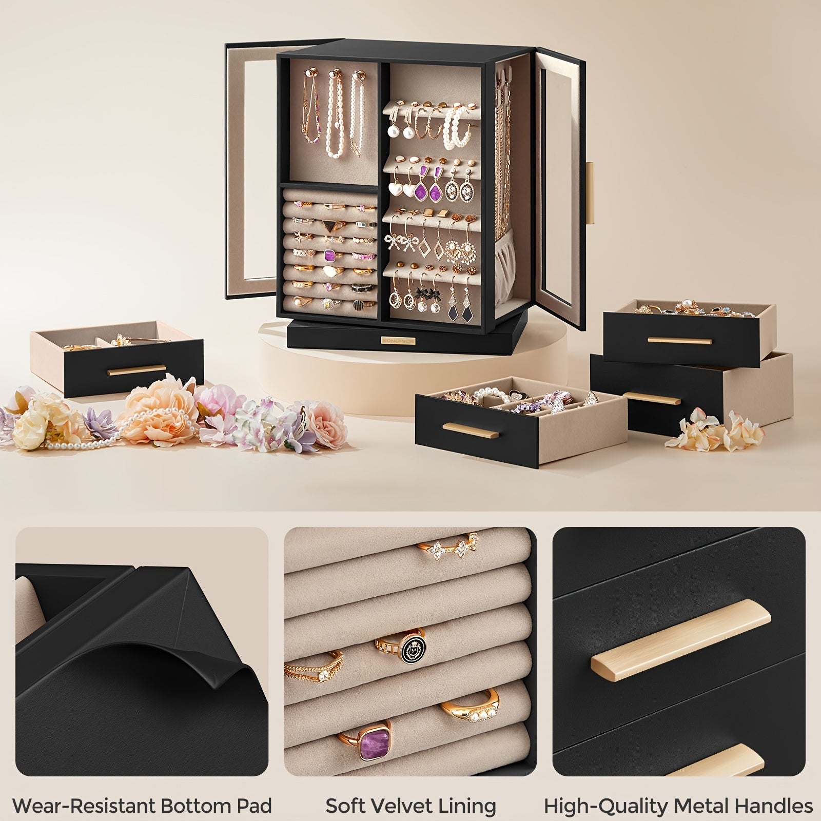 SONGMICSHOME Jewelry Box 360° Rotating, Jewelry Storage Case With 5 Drawers, Jewelry Organizer, Glass Window, Spacious, Vertical Jewelry Storage, Open Design, Glasses, Earrings, Rings, Necklaces, Big Jewelry, Gifts For Men, Women, Friends