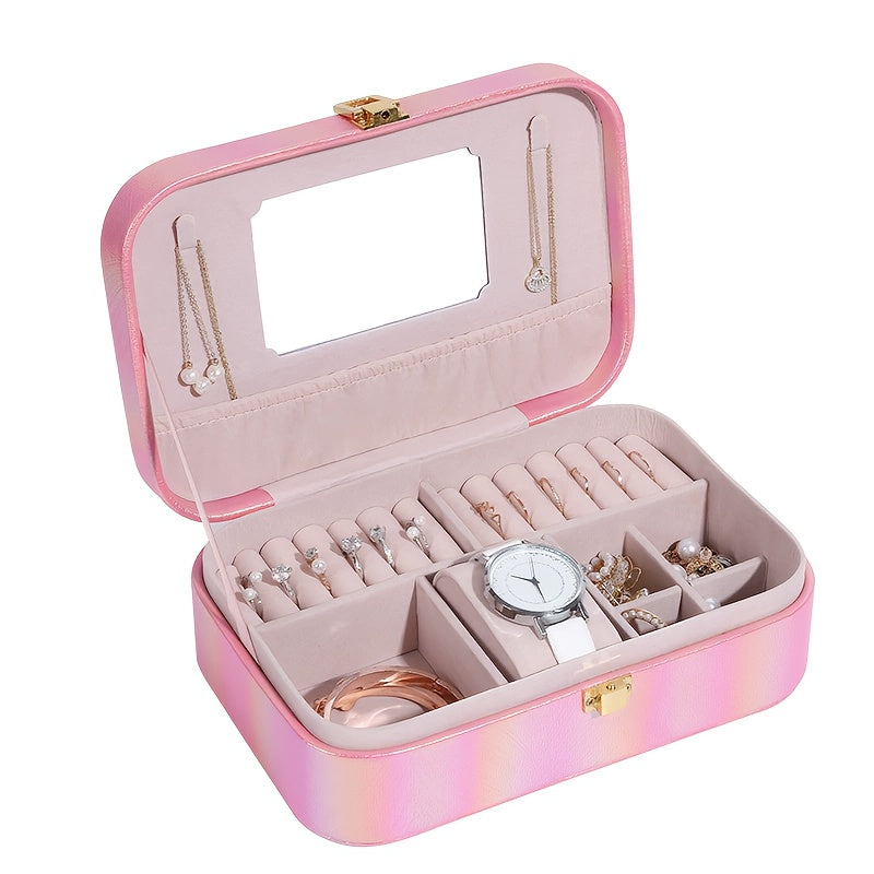 1pc Holographic Portable Jewelry Organizer Box with Mirror, Multiple Compartments & Soft Faux Leather Lining - Faux Leather Iridescent Finish, Secure Snap Closure for Earrings, Necklaces, Rings, Watches - Travel-Friendly Storage Case, Accessory