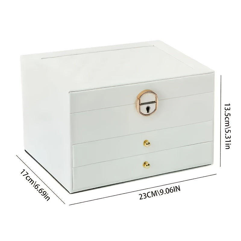 3-Tier Jewelry Box Organizer with Key Lock - Elegant Green & White, Soft-Lined Compartments, Secure Locking Lid - for Earrings, Rings, Necklaces, Bracelets - Perfect Gift for Women, Home or Salon Decor - Durable Synthetic Faux Leather Construction, Large