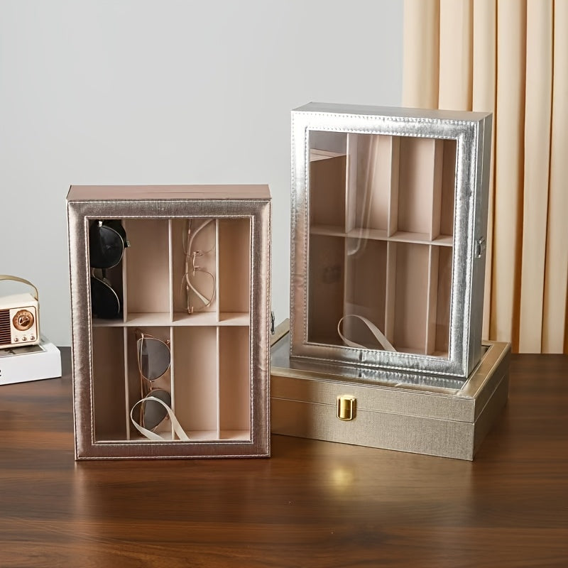 Eight-Compartment Golden, Silvery, and Rose Golden Frame Glasses Storage Box with Transparent Lid - Modern Multi-Slot Eyeglass Holder for Men & Women, Protective Display Case, Accessory Organizer, Durable Jewelry Stand, Jewelry Boxes